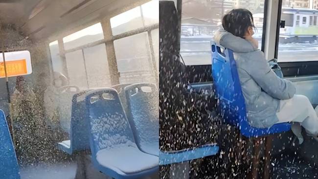 东北吉林一公交内飘落大量积雪，乘客淡定乘坐