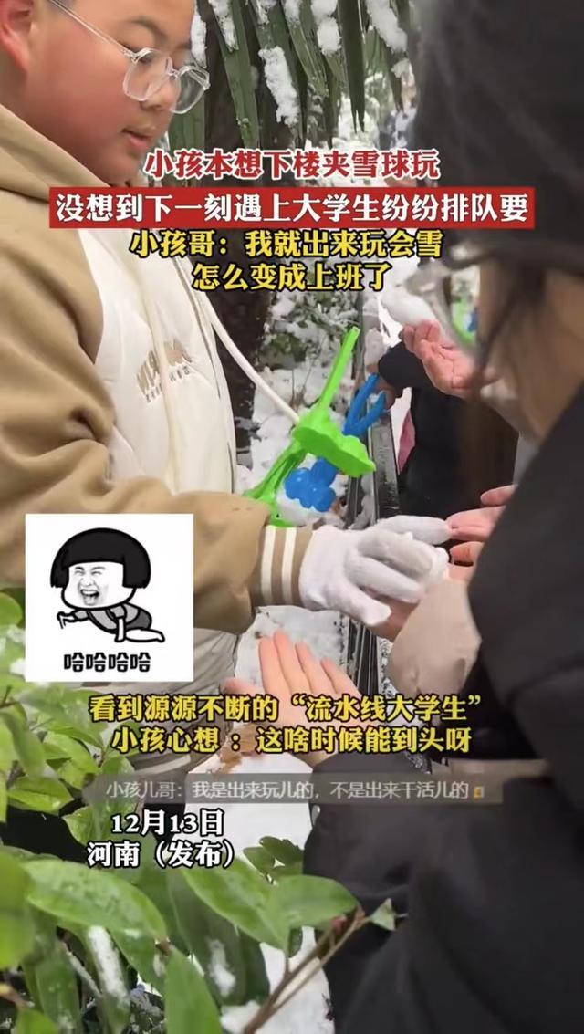 雪天小孩哥夹雪熊哄大学生忙成流水线