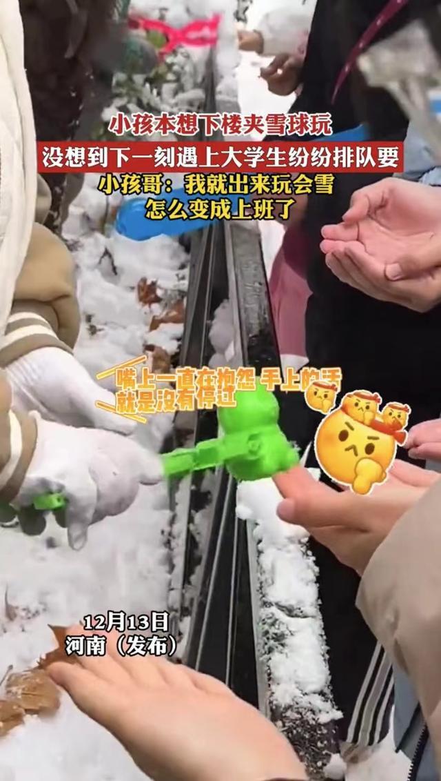 雪天小孩哥夹雪熊哄大学生忙成流水线