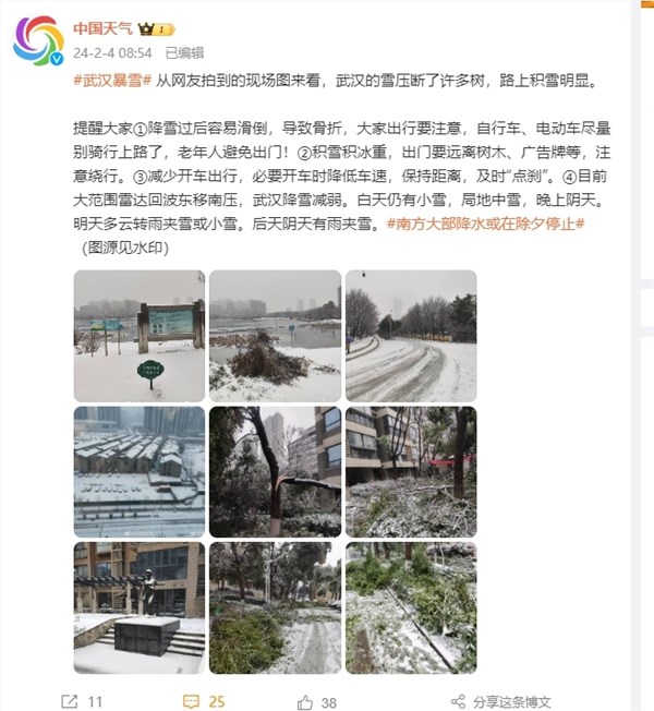 网友实拍暴雪冻雨压断树枝！武汉铁路：不要贸然前往火车站