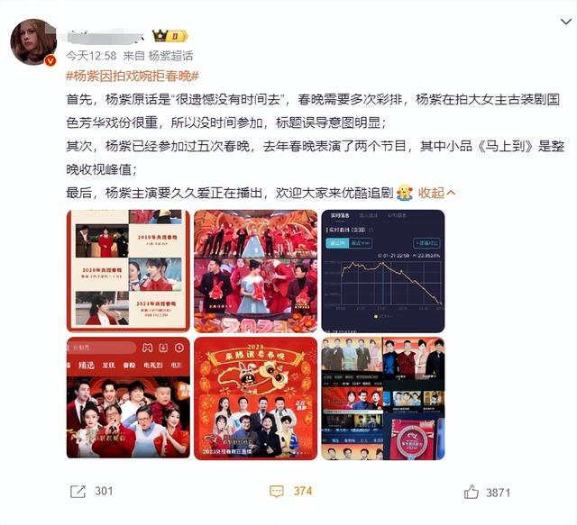 杨紫因拍戏婉拒春晚 遗憾中透露敬业