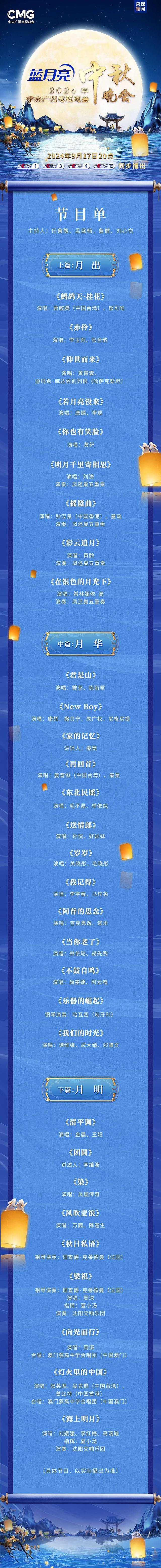 央视中秋晚会节目单发布