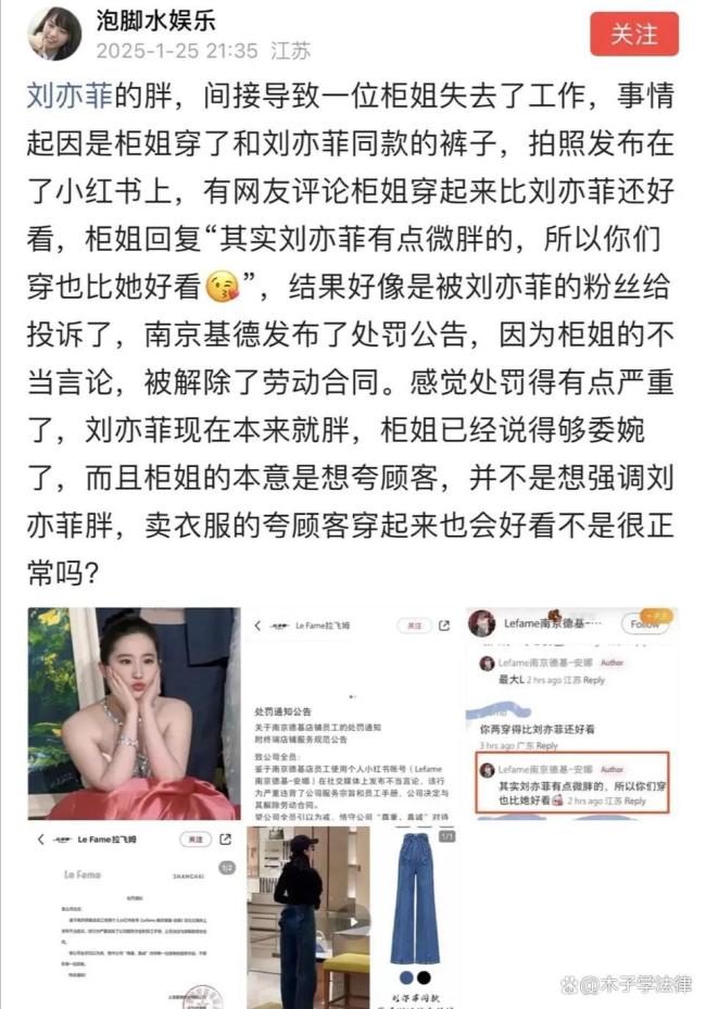 南京一柜姐评论刘亦菲微胖被辞退 品牌方发声明引发热议
