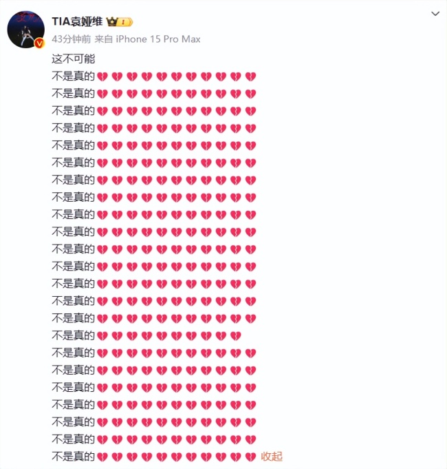 袁娅维连发23遍“不是真的” 难以置信的哀悼